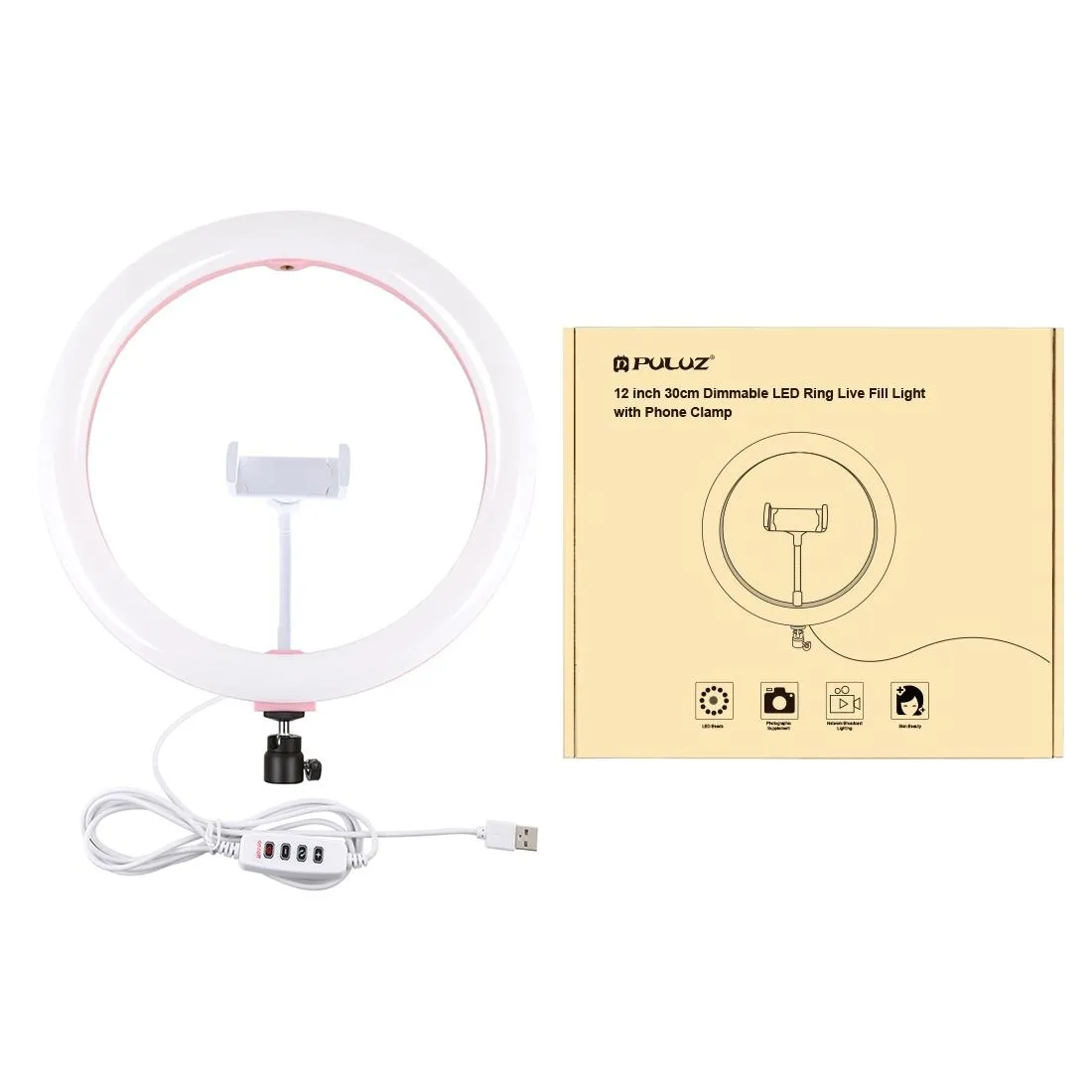 30cm USB Dual Colour LED Ring Light with Phone Clamp | Pink