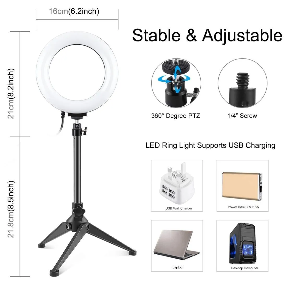 6.2" LED Ring Light with USB 3 Modes Dimmable | Desktop Tripod | Cold Shoe Ball Head