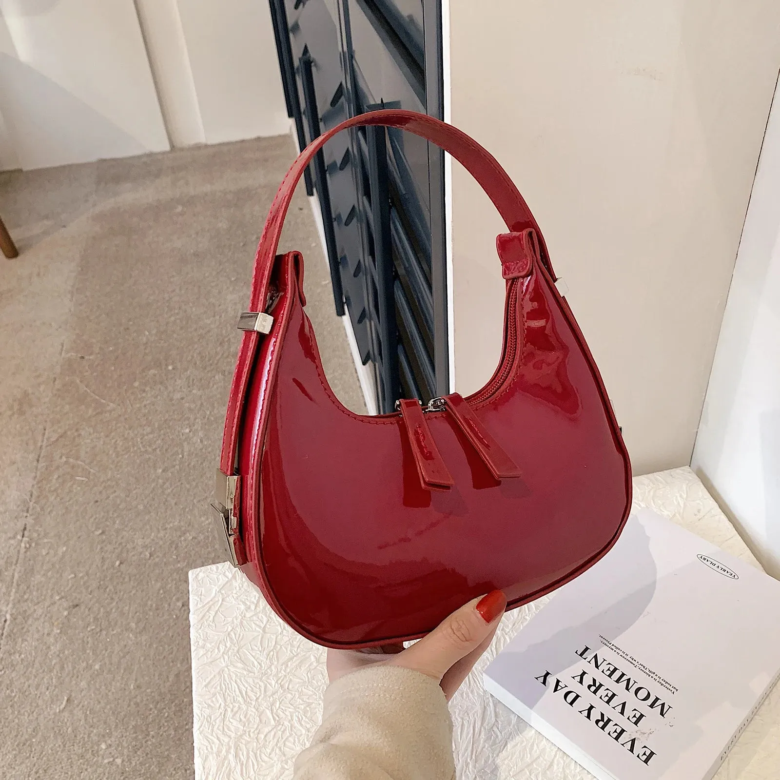 Amozae-Half Moon Bag Vintage PU Leather Small Shoulder Bag for Women Girls  Hobo Handbag Luxury Retro Red Ladies Armpit Purses Totes