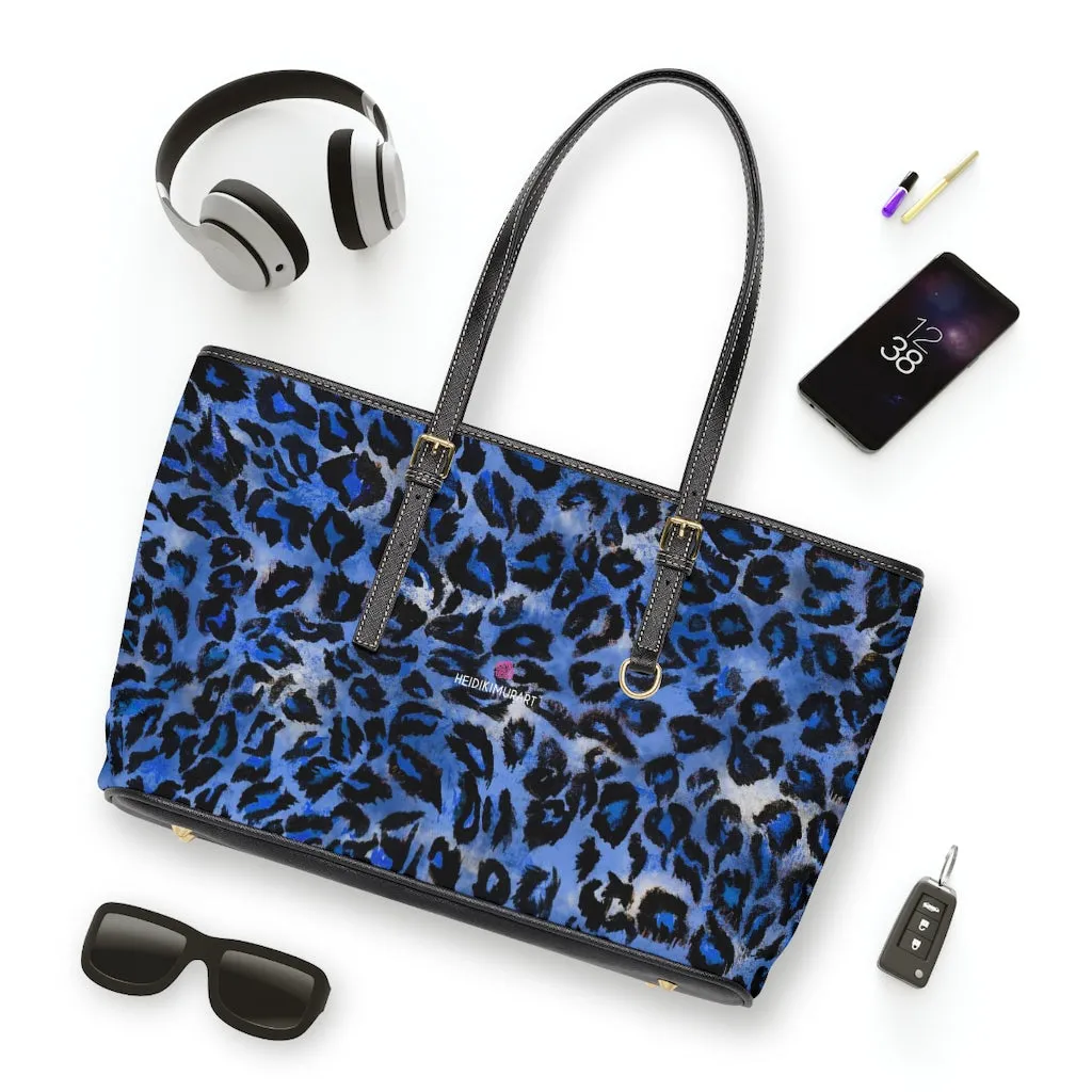 Blue Leopard Print Tote Bag, Animal Print PU Leather Shoulder Hand Work Bag 17"x11"/ 16"x10"