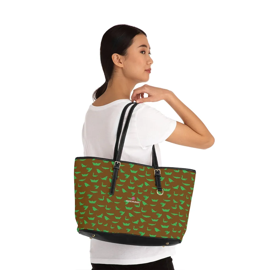 Brown Green Crane Tote Bag, Japanese Style Best PU Leather Shoulder Hand Work Bag 17"x11"/ 16"x10"