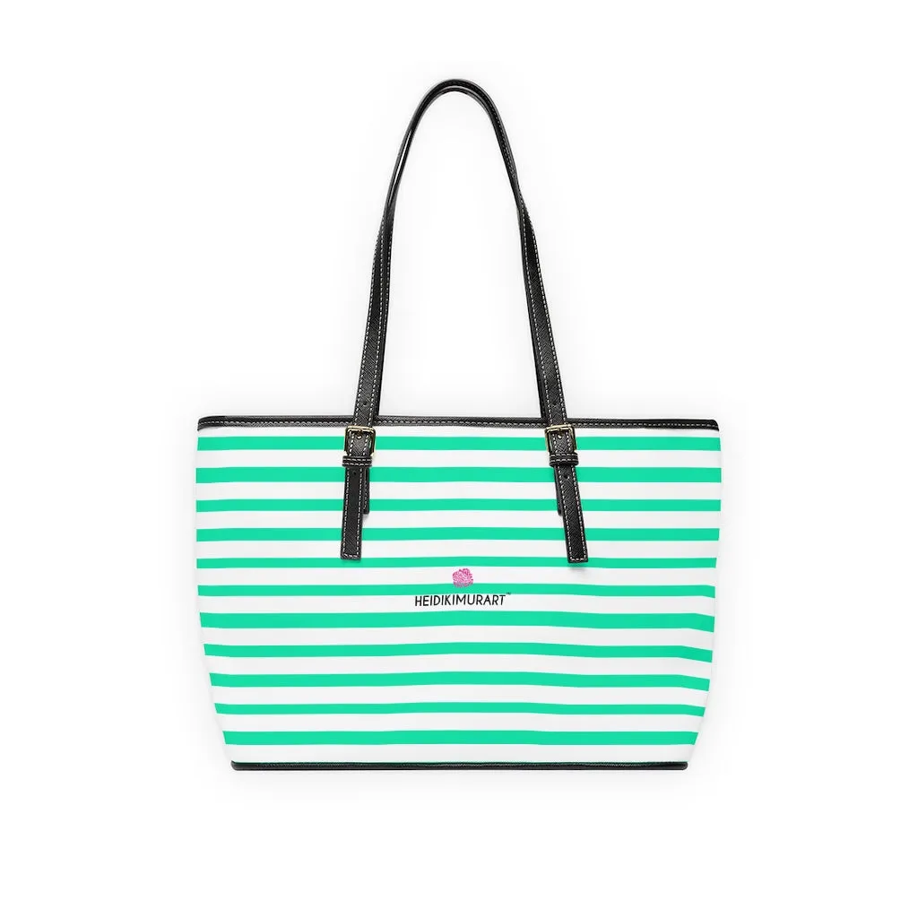 Horizontal Blue Stripes Tote Bag, Best Designer PU Leather Shoulder Hand Work Bag 17"x11"/ 16"x10"